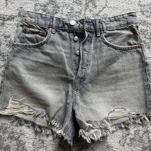 Zara High Rise Distressed Gray Denim Shorts